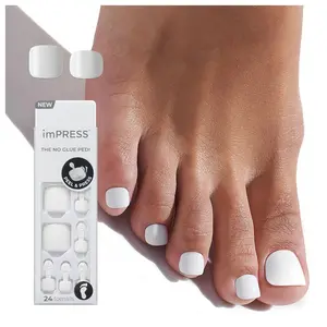 KISS imPRESS Pedicure Press On Toenails, 'Angel Vibes', White, Short Squoval, Pedicure Nail Kit Includes 24 Press On Toenails, Prep Pad, Mini Nail File, & Pedicure Stick
