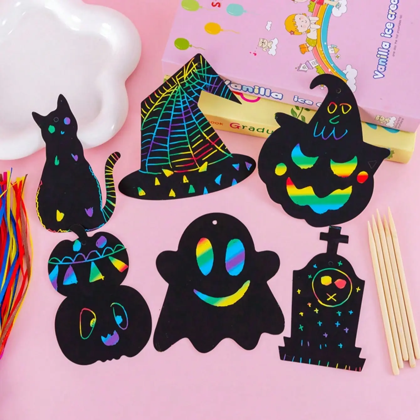 【Hot Selling】Halloween Christmas Scratch-Off Set, Rainbow Mask DIY Craft Kit, Classroom Family Party Holiday Gift, 12/48 Pieces