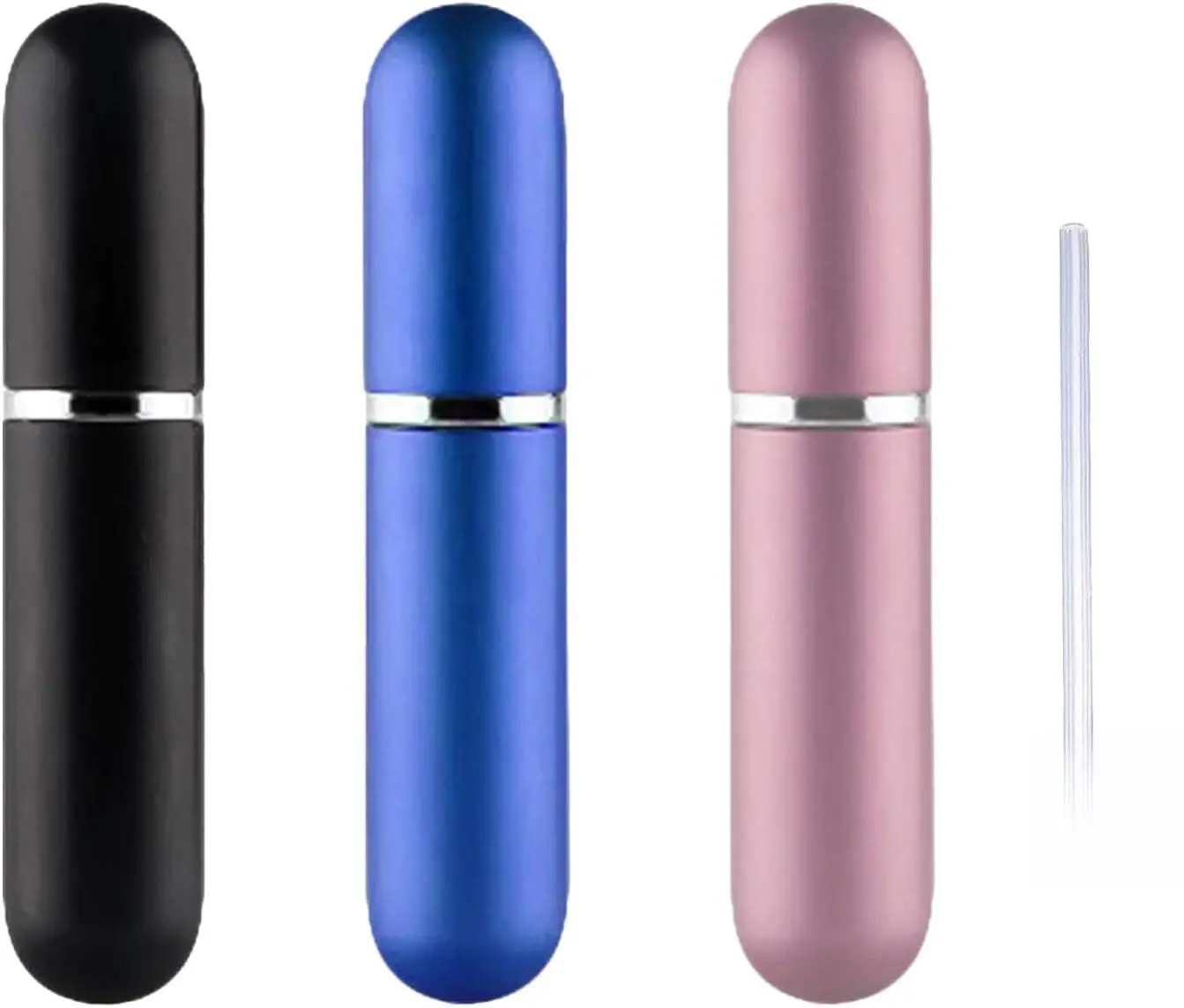 Travel Refillable Perfume Atomisers, 5ML, 3 Pcs Mini Portable Spray Bottles, Round Tube Set With 1 Flat Separated Tool, for Home Business Trip (Black+Blue+Champagne)(4pcs) Aluminium Cosmetic