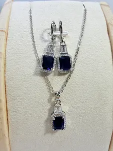 Imperial Silver-Toned Sapphire Blue Halo Set
