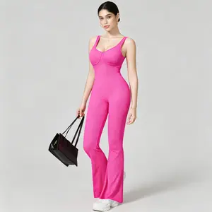 Women's Solid Color Backless Ruched UNeck Sports Jumpsuit, High Stretch CasualComfy Sleeveless Flare Leg Skinny Jumpsuitwith Bra Cups for Yoga Gym Workout, LadiesActivewear Fitness Sportswear for AllSeasons, Valentine's Day, Gym Wear y2k  clothes