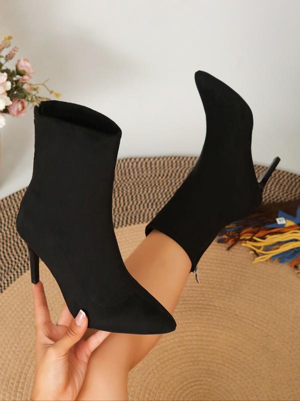 Women's Pointed Toe High Heels Ankle Boots, PU Leather Cuban Heel Round Toe Textile Upper, Fall Winter Fashion Comfortable Short Booties
