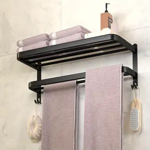 Black Towel Racks for Bathroom Towel Shelf with Double Towel Bars Lavatory Wall Mount Holder with Hooks Stainless Steel Hotel Bath Rack (Matte Black 19.7 inches