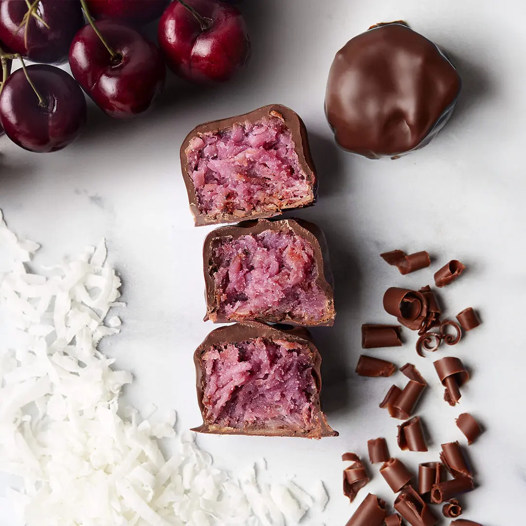 Amarena Cherry Maccs – Toasted Coconut with Italian Amarena Cherries & Belgian Dark Chocolate