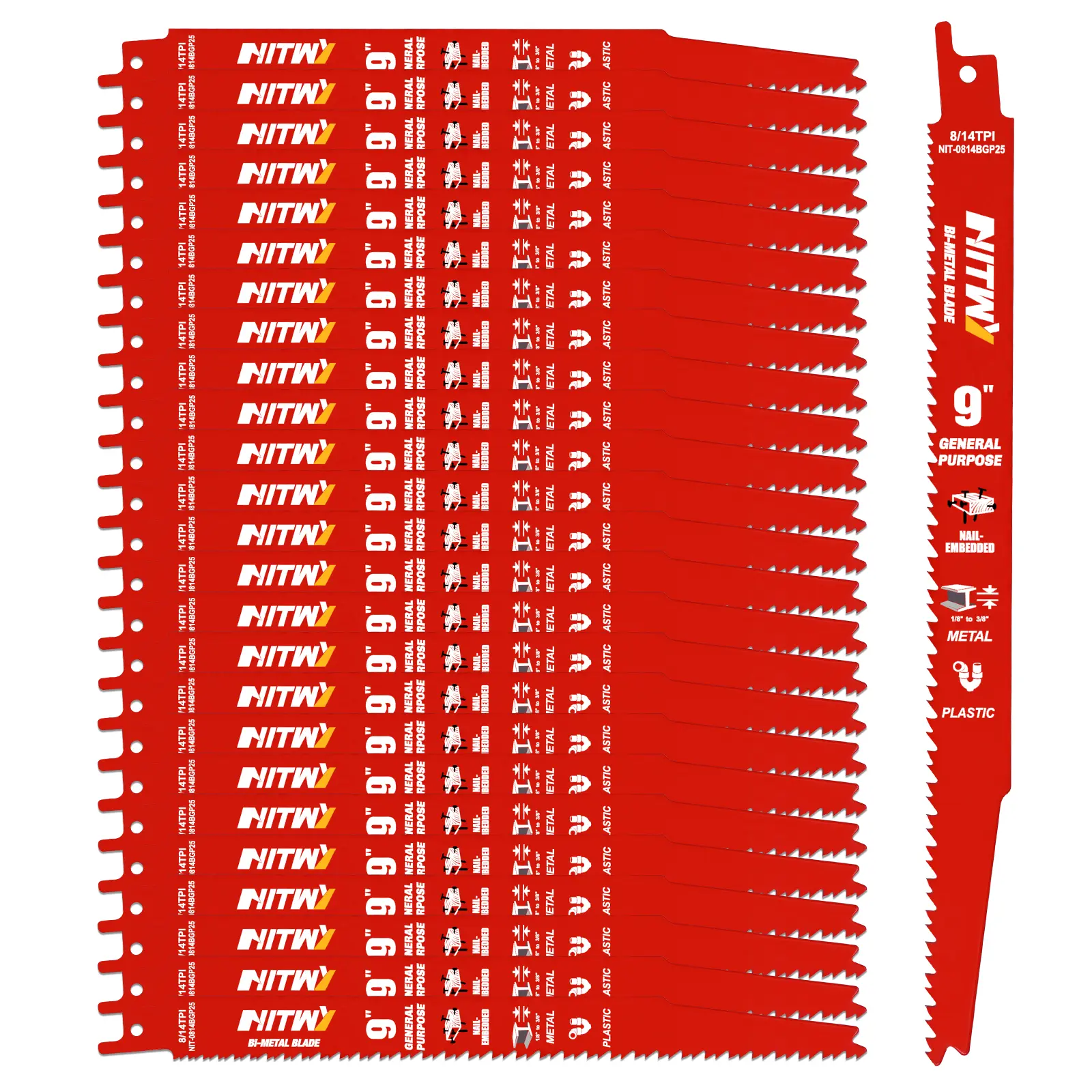 25 Pack 9 Inch 8/14TPI Reciprocating Saw Blades for Wood and Nail-Embedded Wood Demolition, Metal Cutting for 1/8-3/8 Medium Metals and PVC Pallets etc.- Compatible with Diablo Bi-Metal Sawzall Blades