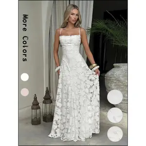 Women’s White Strapless Lace Maxi Dress Flowy Summer Occasion Dress