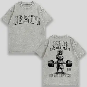 1 PCS Religious & Fitness "Jesus The Ultimate Deadlifter" Graphic Tee: Featuring Distressed Vintage Finish, Front "JESUS" Letter Print, Back Artistic Illustration Of Jesuy2k,Vintage,Streetwear Christmas Thanksgiving gift,Cyber Monday