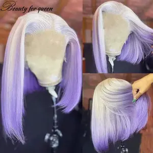 Dark Purple and Blonde color, Short Bob Wigs  Lace Front Human Hair Wigs   For Woman Ombre Straight Bob Wig Pre Plucked