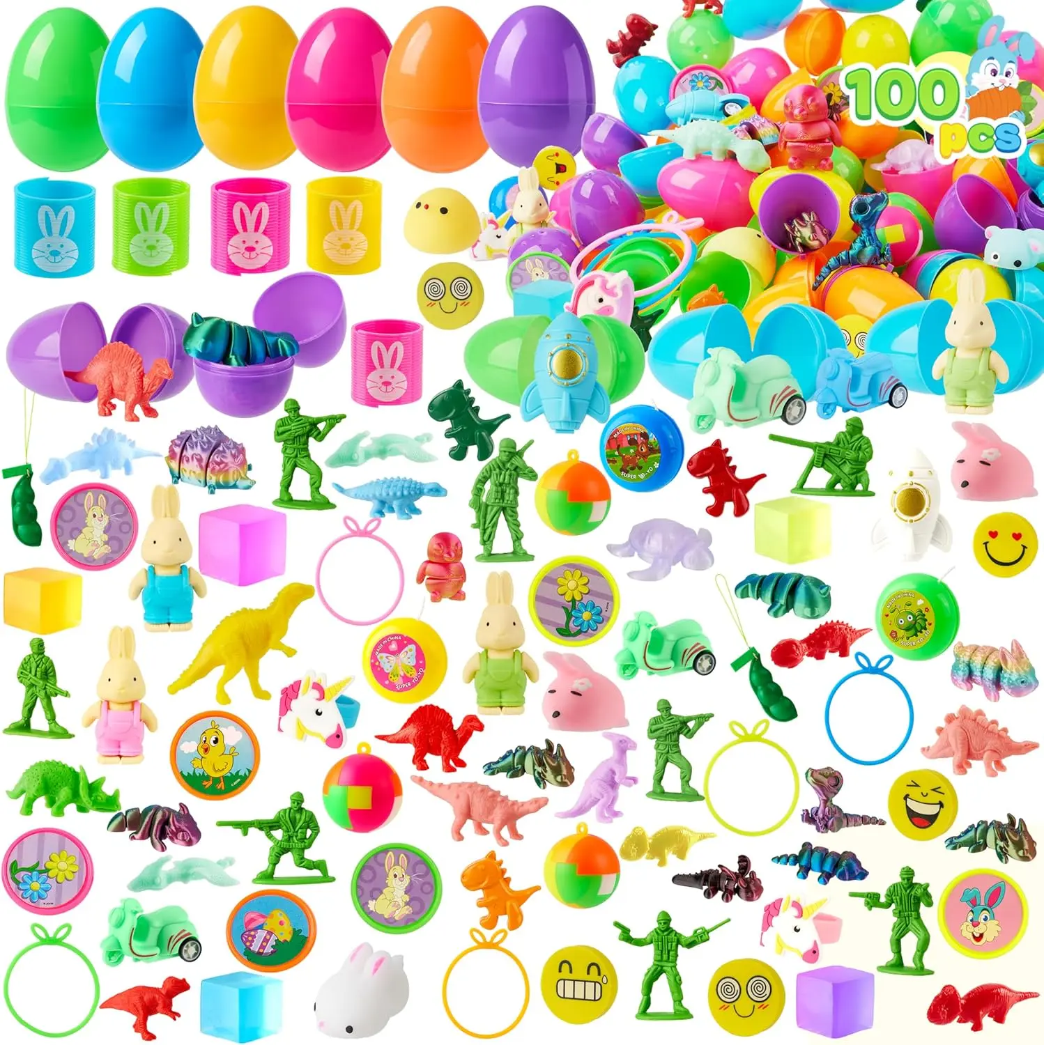 Summer Spring Gift 100Pcs Prefilled Easter Eggs with Assorted Toys, Easter Basket Essentials, Easter Basket Stuffers for Kids, Easter Egg Hunt, Classroom Prize Supplies