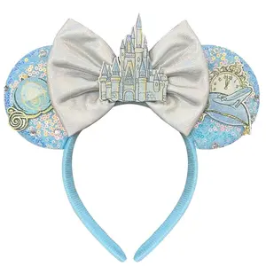 Hairband for Women Adult Blue Sequin Mouse Ears Headband with Castle Bows Park