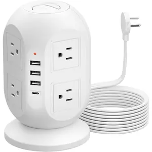 Tower Surge Protector Power Strip 10 ft with 8 Outlets 4 USB Ports(1 USB C), Flat Plug Extension Cord with Multiple Outlets  Station for Home Office Dorm, White