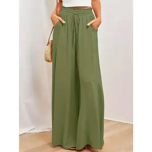 Women's Plain Pocket Drawstring Paper Bag Waist Wide Leg Pants Casual High Waist Trousers for Fall, Back To School Pants for Women, Teacher Fall Outfits 2026 Women's Bottoms for Daily Wear Fall Outfits Fallfreshness Casual Comfy Trouser tiktokshopspringgl