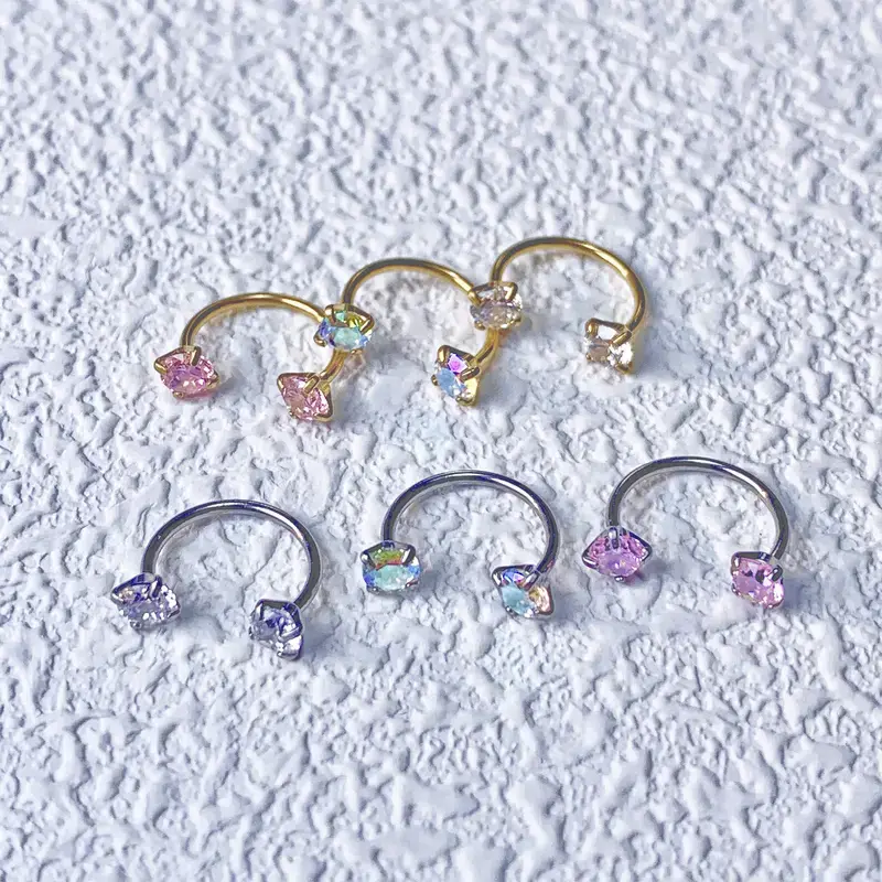 Horseshoe Nose Ring Surgical Steel Double Stud Nose Ring 18g Lip Rings Cubic Zirconia Horse Shoe Daith Piercing Jewelry for Women Inner Diameter 8mm