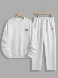 Men's Solid Color Casual Sports Suit with Jacquard Design and English Embroidery - White