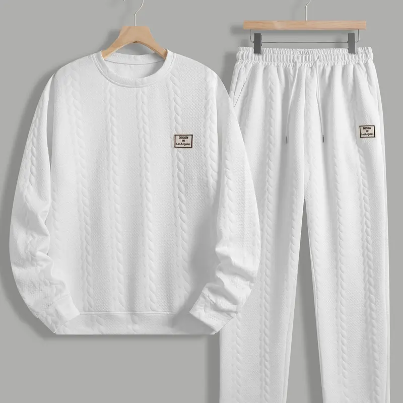 Men's 2-Piece Solid Color Jacquard Weave Tracksuit - Long Sleeve, Full Length, English Embroidery, Athletic Fashion Activewear, Male Sport-to-Casual All Seasons Casual Sports Suit, Sweatsuit Set, XL