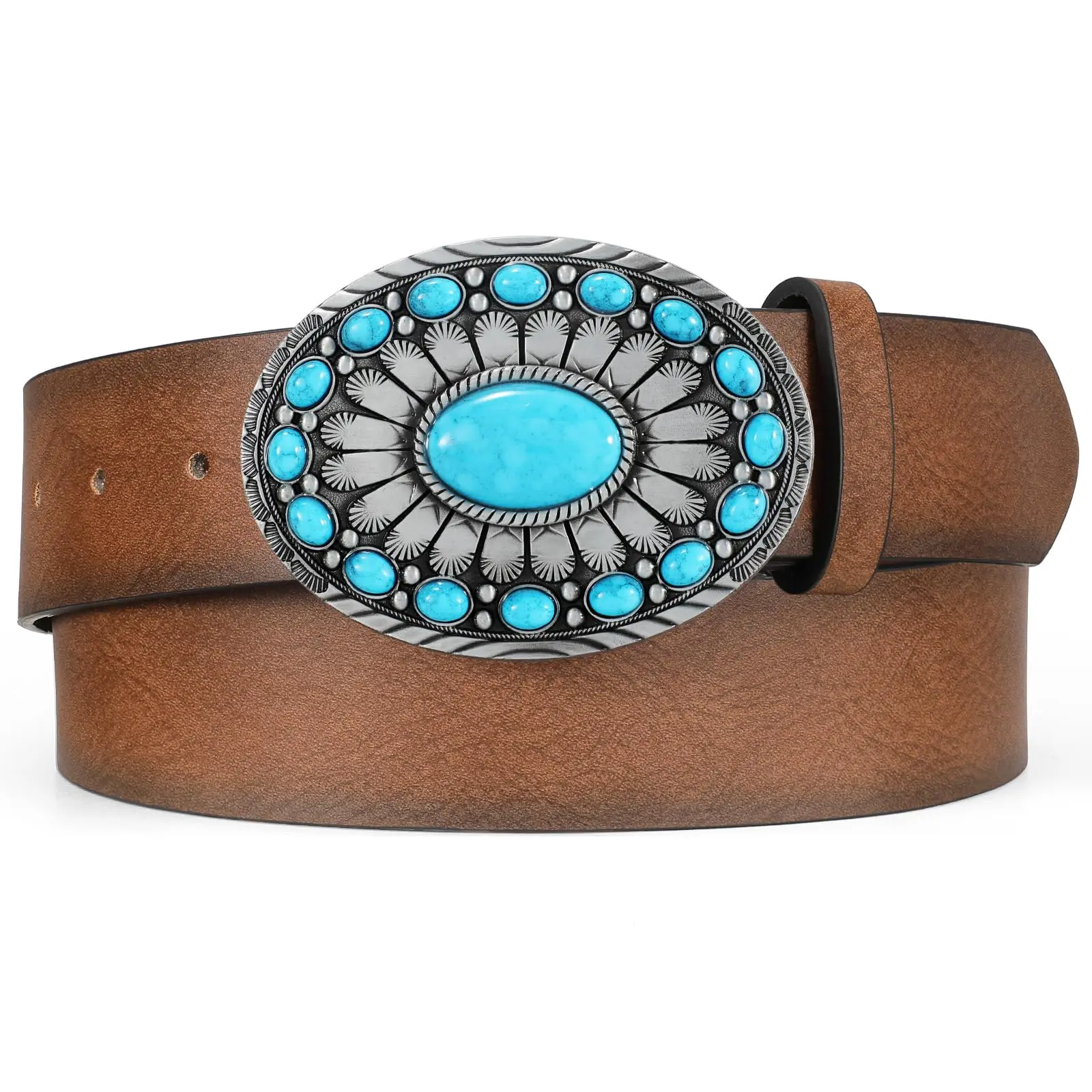 XZQTIVE Women Western Leather Belt Vintage Country Belts For Cowgirl Jeans Dresses Ladies Concho Belt With Turquoise Buckle