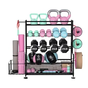4-Tier Dumbbell Rack Stand with Hooks, Home Gym Storage Rack for Yoga Mats, Kettlebells & Strength Training Equipment, Heavy Duty Powder Coated Weight Organizer
