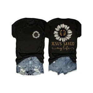 Jesus Saved My Life Flower Cross Printed T-shirt, Women's Casual Round Neck Short Sleeve Top, Soft Fabric, White with Black and Gold Pattern Design, Suitable for Spring and Summer Fit Hoodie Green Comfort Fl