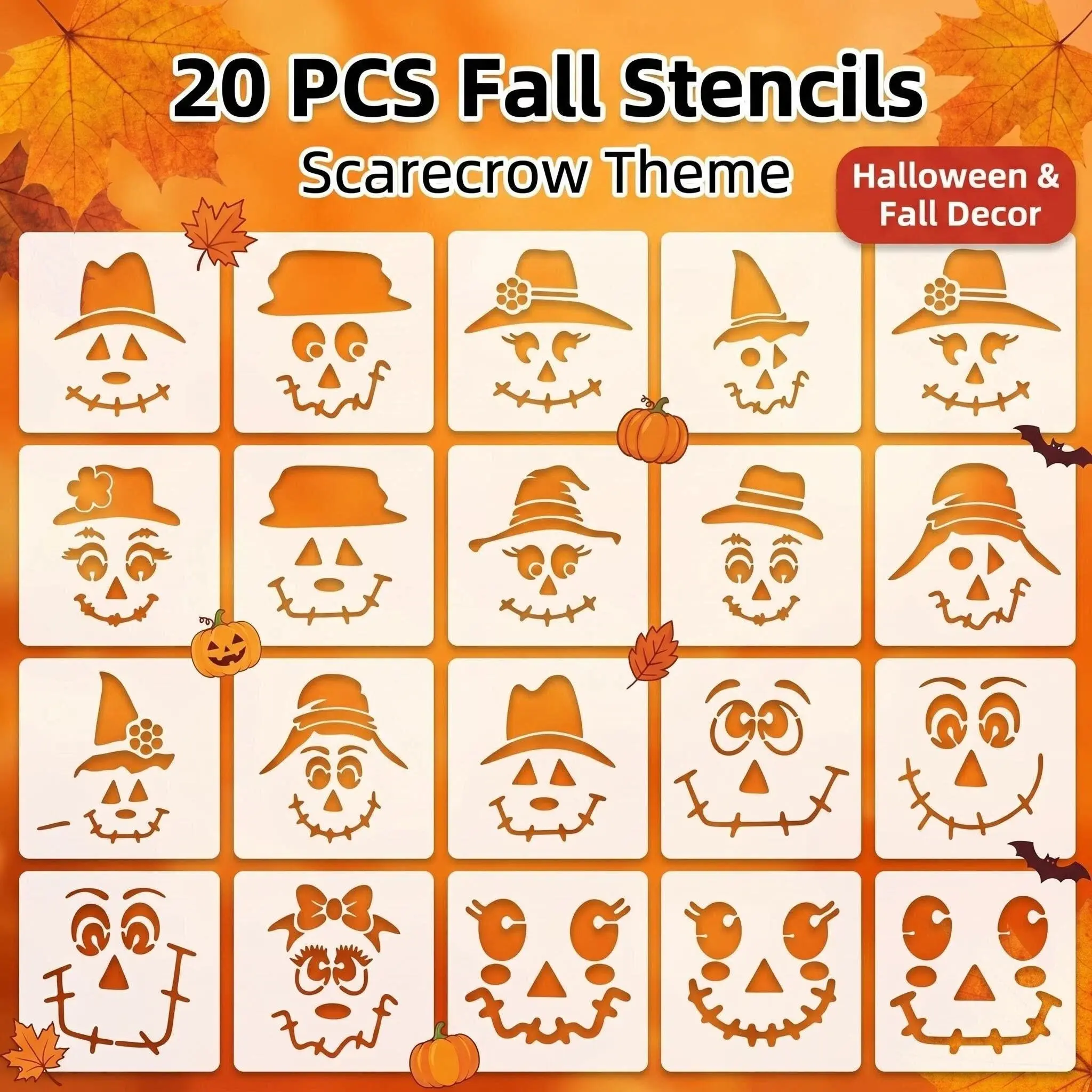 20pcs Reusable Fall Templates, DIY Craft Stencils for Wood Blocks and T-Shirts, Holiday Decoration Art Supplies, Autumn Crafts Kit