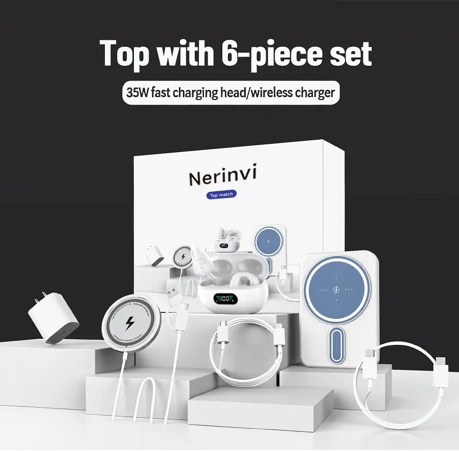 Nerinvi 6 in 1 Magnetic Wireless Charging & Audio support group - 5000mah mobile power supply, 20W Fast charger, Type-C to Fast charging cable, Compat