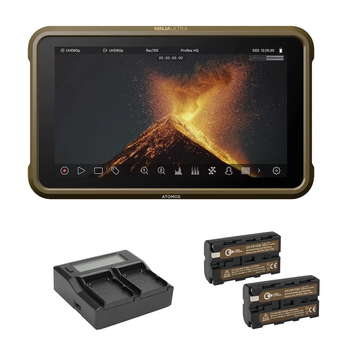 Atomos Ninja Ultra 5.2" HDR Monitor-Recorder, Bundle with 2x NP-F550 Batteries and Dual Smart Charger with LCD Screen Base and Plates Kit