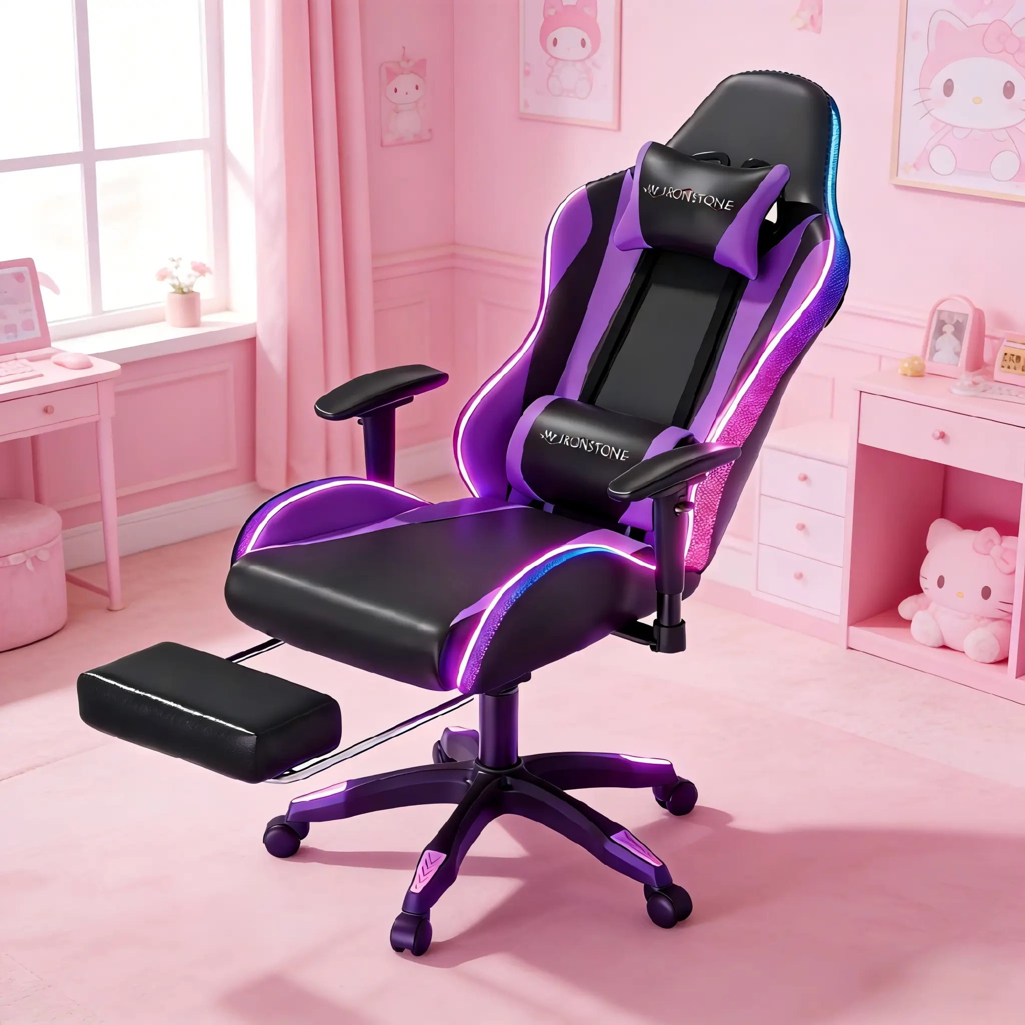 Mr IRONSTONE Gaming Chair with Speakers and Led Lights Ergonomic Massage Computer Gaming Chair with Broaden Cusion and Footrest High Back Video Game Chair for Adults Kids Boyfriend Father's Gift, Blue Black and Pink,dealsforyoudays