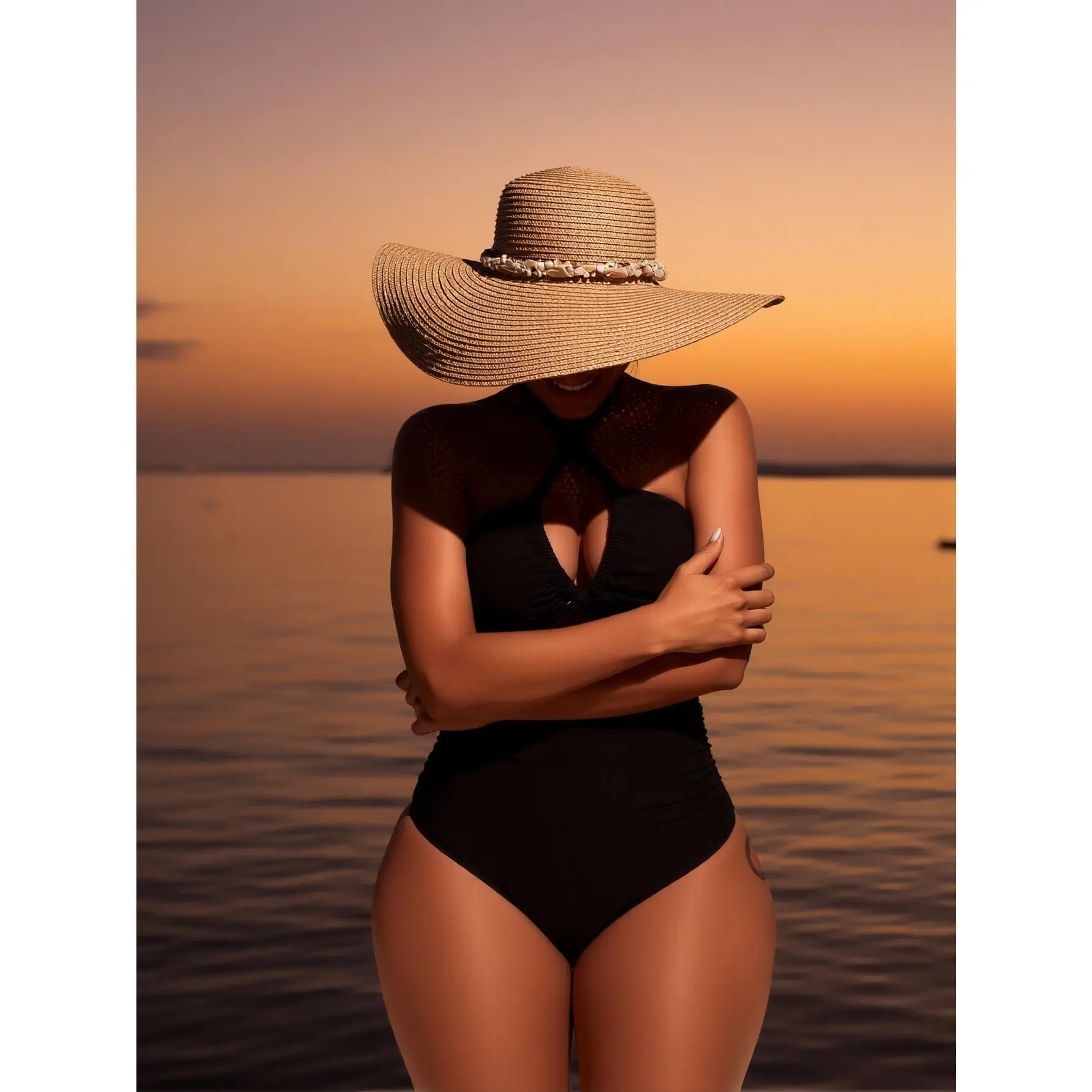 Ladies' Bathing Suit Ideal for Summer Beach Holidays Featuring a High Neckline And Side Cut