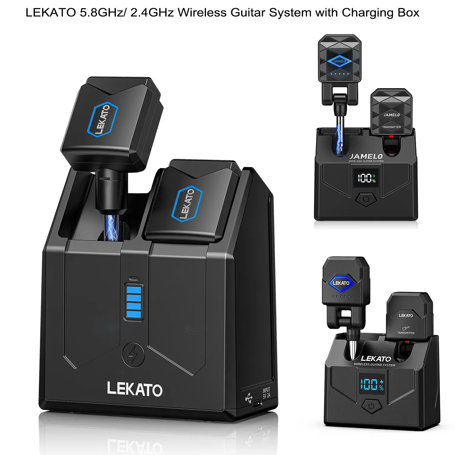 LEKATO JW-06 Wireless Guitar System with Charging Box, 5.8GHz Audio Wireless Transmitter Receiver Wireless, Guitar Transmitter and Receiver, Rechargeable Wireless Audio System for Electric Guitar Bass, Back to School