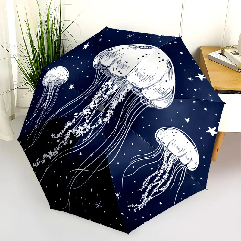 1 PC Automatic Folding Umbrella - Jellyfish in the Night Sky Pattern, Portable & Foldable Design with 8 Ribs, Merry Christmas Pattern,Casual Outdoor Accessory Halloween and Christmas Birthday Gifts. H00192
