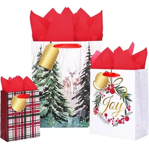 Christmas  Bags Assorted Sizes with Red Tissue Paper and Tags (3 Bags: Large 13", Medium 9.6", Small 6.5") Christmas Tree, Reindeer, Joy Wreath and Plaid Tartan Designs for Wrapping Xmas Holiday Gifts Presents Party Supplies Favors Decor