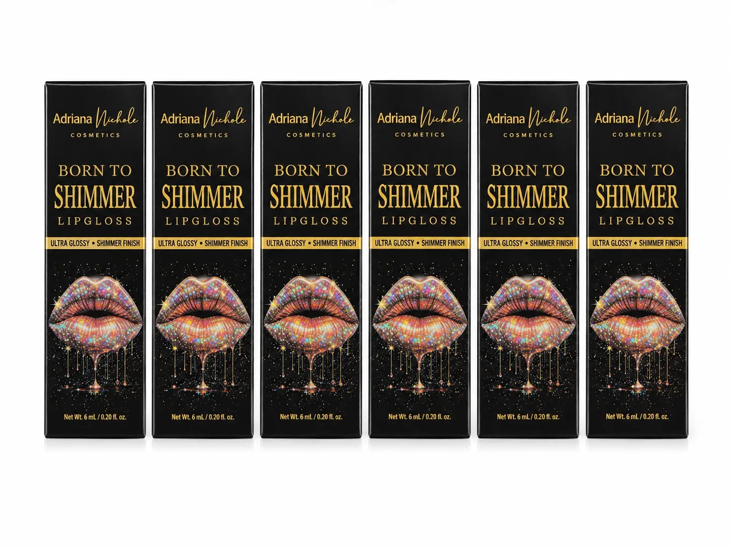 (BUNDLE OF 6) Born To Shimmer Hydrating, Shimmer, Sheer Lipgloss  by Adriana Nichole Cosmetics