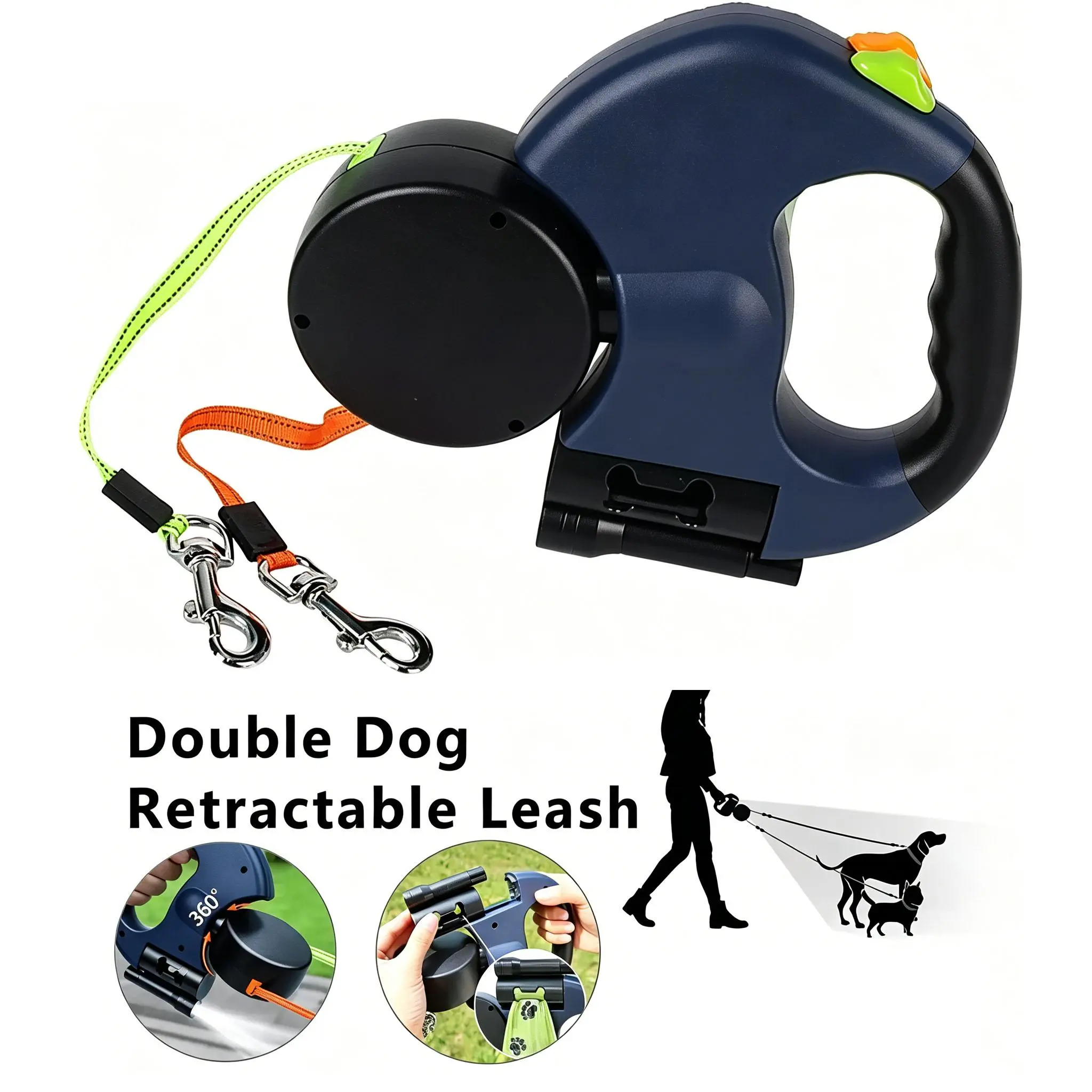 Dual Retractable Dog Leash with LED Flashlight, 360° Tangle-Free Dual Lead, One-Button Lock/Unlock Control, Ergonomic Handle for Small to Medium Dogs Night Walks