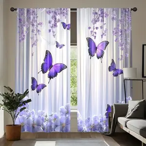 Butterfly Lavender Print Curtains, Fashionable Rod Pocket Window Drapes for Bedroom and Living Room, Easy Installation, Home Decoration Curtain