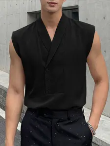 INCERUN Men Tank Tops Solid Color Lapel Sleeveless Summer Male Vests Streetwear Loose Fashion Casual Men Clothing