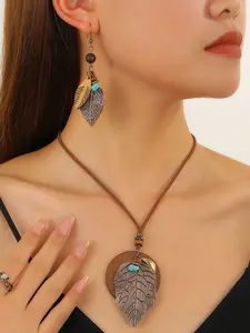 Bohemian Vintage Jewelry Set, Geometric Leaf Earrings & Layered Pendant Necklace, Wood Bead, Shell, Turquoise Decor, Perfect for Daily Wear & Gifts