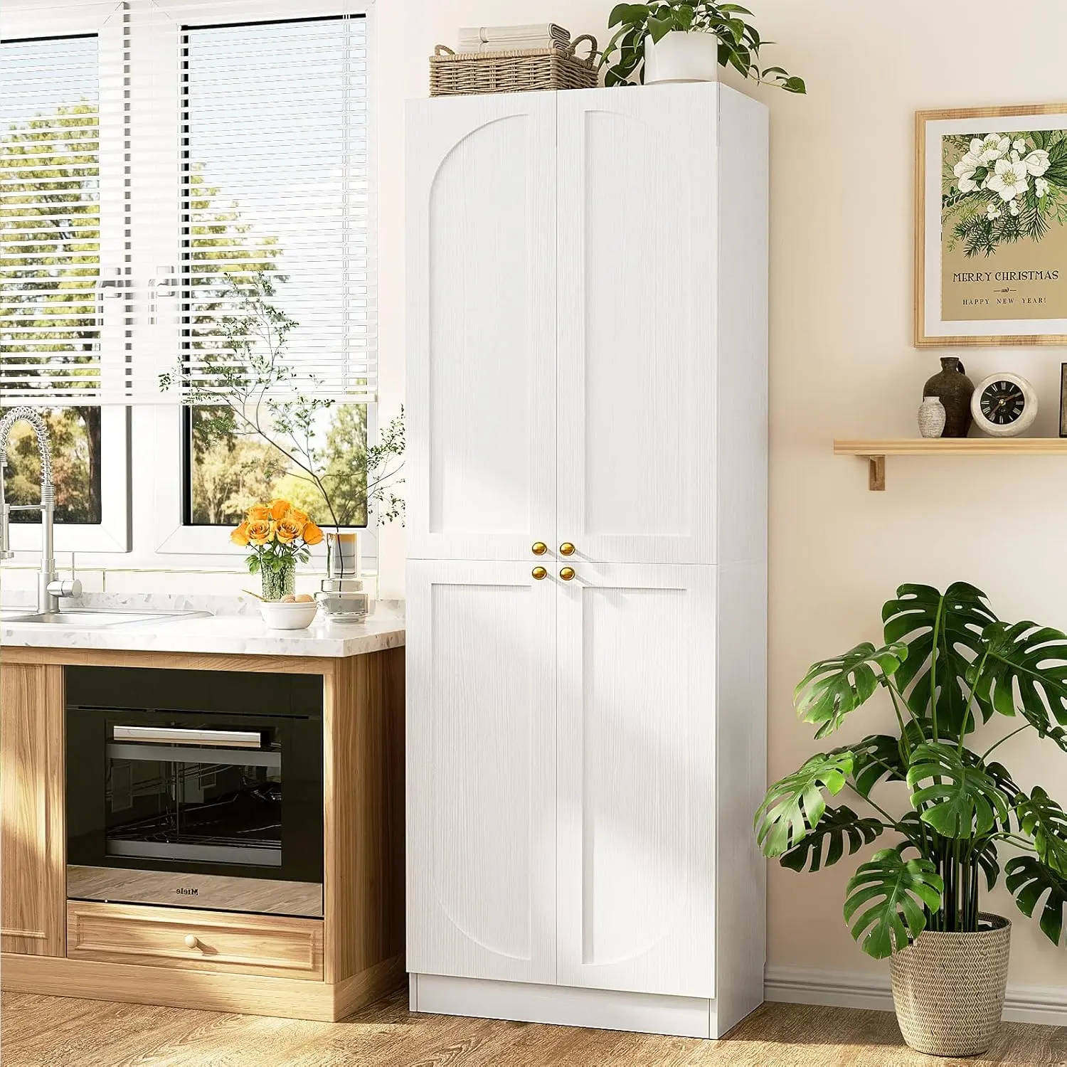80" Tall Arch Storage Cabinet with 4 Soft Close Doors & Adjustable Shelves – Freestanding Pantry with Flush-to-Wall Design for Kitchen, Dining, Living Room