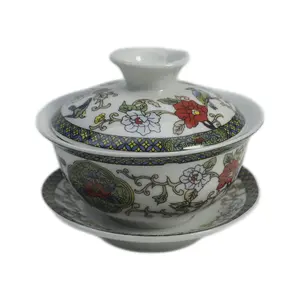 Porcelain Gaiwan 5oz Teacup Gongfu Tea Cup Tureen Chinese Sancai Cover Bowl Lid Saucer Set Flowers, birds, dragons, phoenixes, peonies Colorful Handmade Traditional