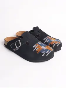 Navajo Embroidered Mule Shoes for Men, clogs slip-on Ethnic Pattern Cowhide Upper casual shoes, Rubber Sole, Less Than Ankle Height, All Seasons, Walking Shoes