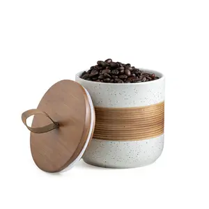 Ceramic Jar with Lid, Coffee Container Kitchen Food Storage Jars for Spice Sugar Tea Bag, Stackable Decorative Jars for Countertop, White & 18oz Cover Utensils