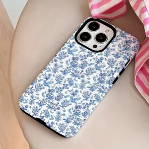 This 1-piece blue floral print double-layer protective case is a durable 2-in-1 design suitable for iPhone 17/16/15/14/13/12/11 Pro Max/Plus/Pro, and Galaxy S25/S24/S23 Ultra series. It's also a stylish and suitable case for couples.