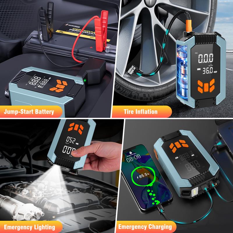Portable Car Jump Starter with Air Compressor, 12V Battery Booster for 6L Gas/3L DL, 1000A 150PSI Tire Inflator, Smart Jumper Cables, LED Flashlight, LCD & Tire Pressure Display