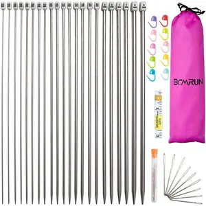Knitting Needle Set 22PCS 2mm(B)-8mm(L) Straight Single Pointed Stainless Steel Sweater Needles 11Pair 11 Size 9.8 inch with Locking Stitch Makers Large-Eye Needles 36CM Measure Tape