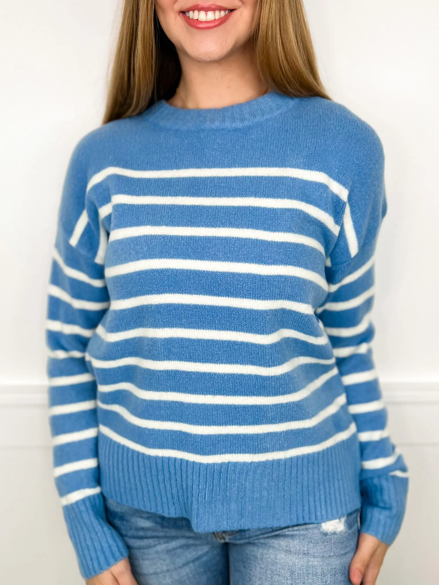 Women's Soft Striped Knit Sweater, Casual Crew Neck Pullover Top, Stretchy Nylon Blend Fabric, True to Size Fit, Knitwear, Sm, True Size, Playful Stripe, Horizontal Stripes