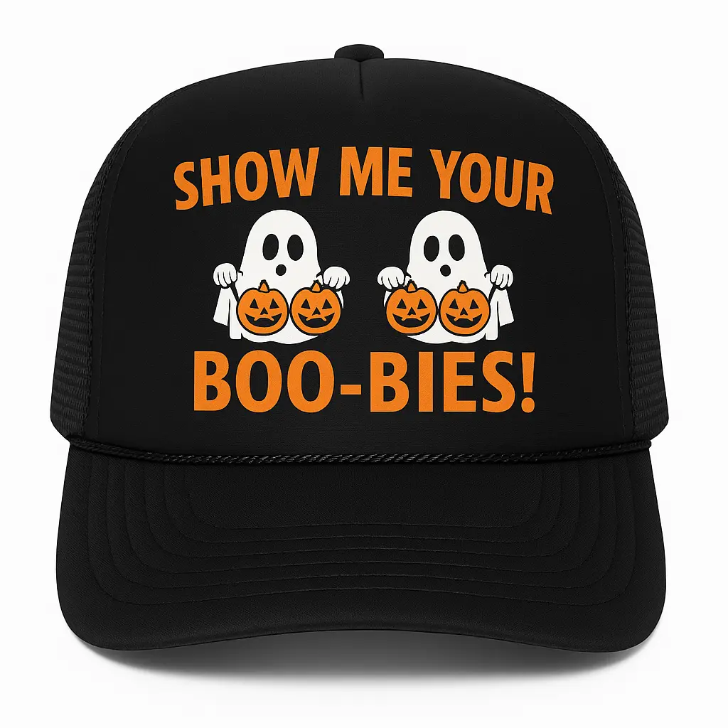 Funny Halloween Trucker Hat – “Show Me Your Boo-bies” Ghost Design | Adjustable Snapback Cap | Adult Size Costume Party Hat decor spooky Flag Banner