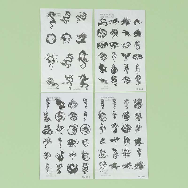 4 Pcs Small Herbal Temporary Tattoo Stickers Set, Dinosaur & Mythical Beast Designs, Semi-Permanent Color, Suitable for Fingers, Hand Back, Behind Ear