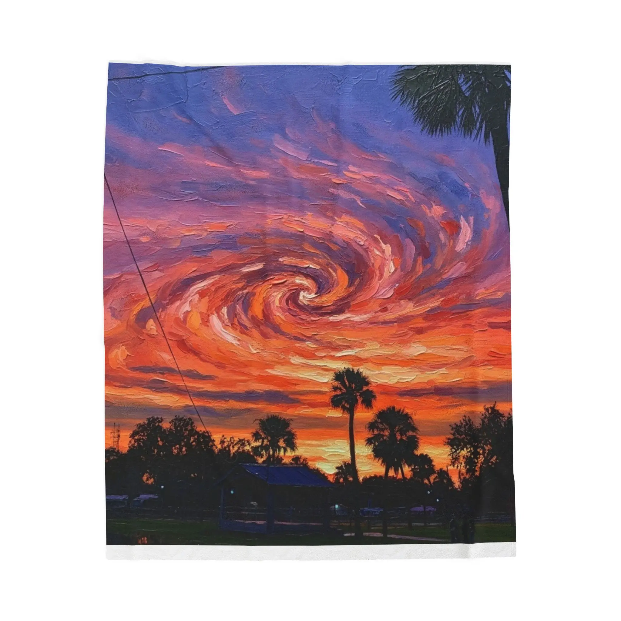 Swirling Sunset Sky Velveteen Blanket | Palm Tree Silhouette