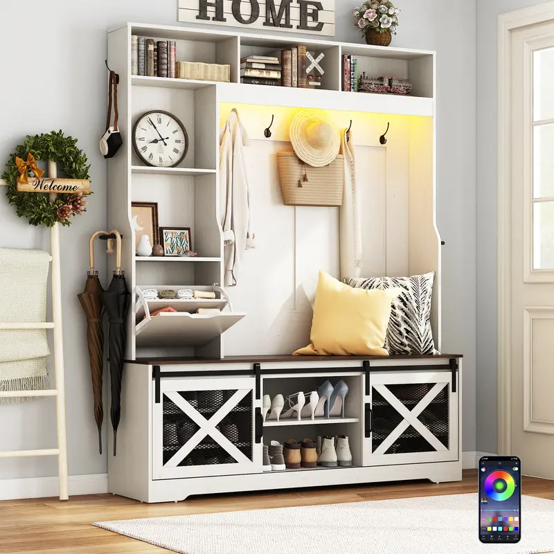 75'' LED Farmhouse Hall Tree with Sliding Barn Doors, Hall Tree with Storage Bench, Drawer, Coat Hanger, 12 Shoe Cubbies/16 Shoe Cubbies & Umbrella Holder, Hallway Entryway Bench, Rustic (White/Black)