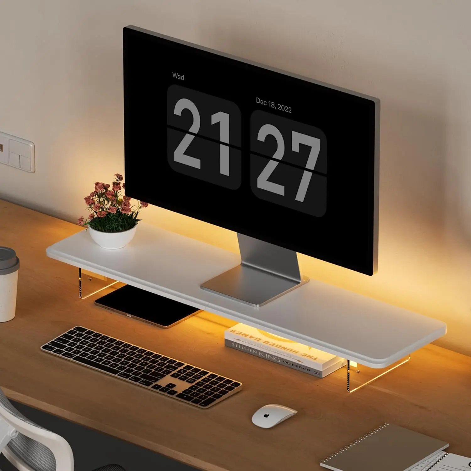 Stand Riser,31.5-Inch LED Light  Computer  Stand with Adjustable  ,Desk Accessories Desktop Organizer Stand for Computer,Laptop,Printer,PC TV Screen Riser,White