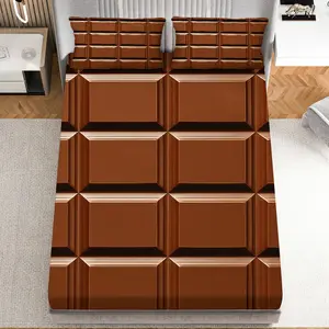 3Pcs Chocolate Block Pattern Gourmet Fitted Sheet Three Piece Set (1*Fitted Sheet+2*Pillowcases, Coreless), Gourmet theme, Chocolate Bedding Set, Mattress Protector Soft, Breathable