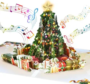 Pop Up Christmas Cards with Light and Music, Christmas Tree Design, Handmade 3D Popup Musical Greeting Card for Christmas Holiday Includes Envelop, Playing-We Wish You a Merry Christmas